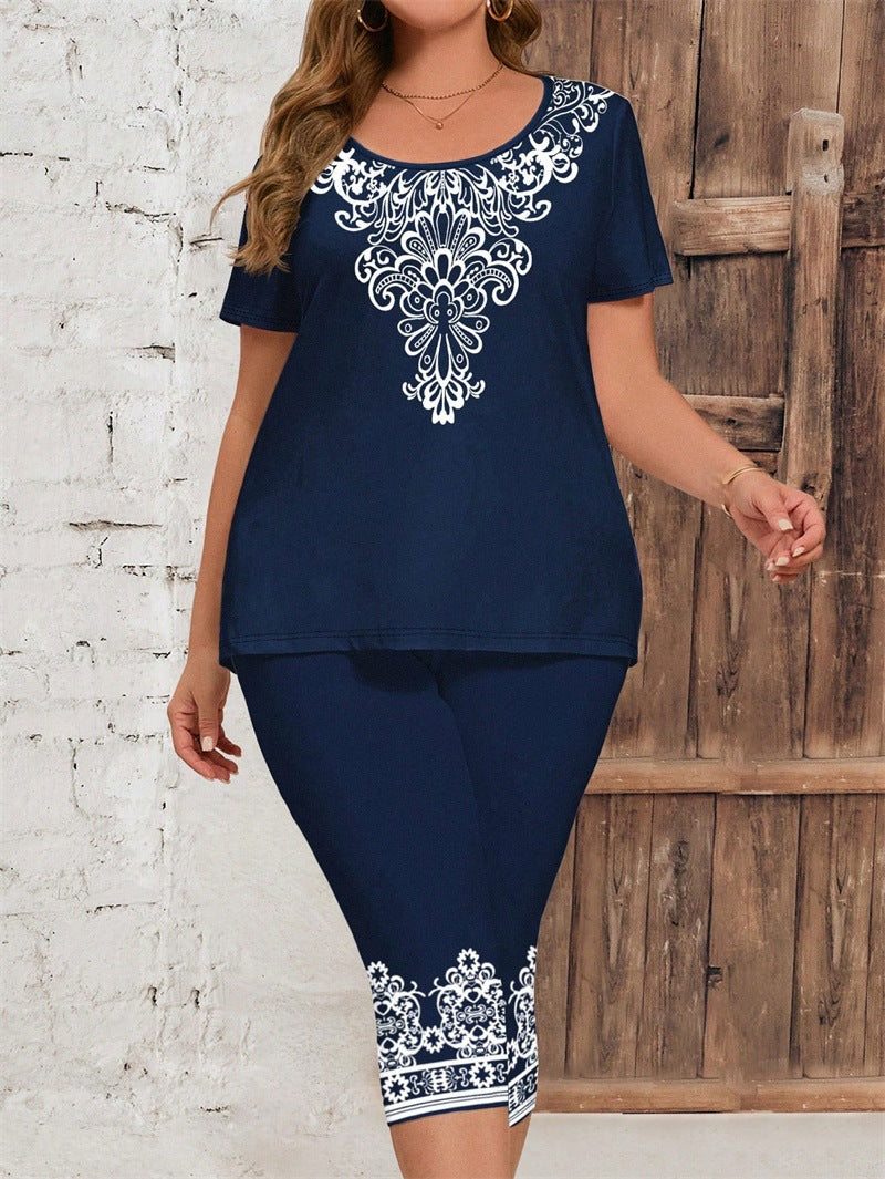 Plus Size Women's Two-piece Printed Round Neck Suit