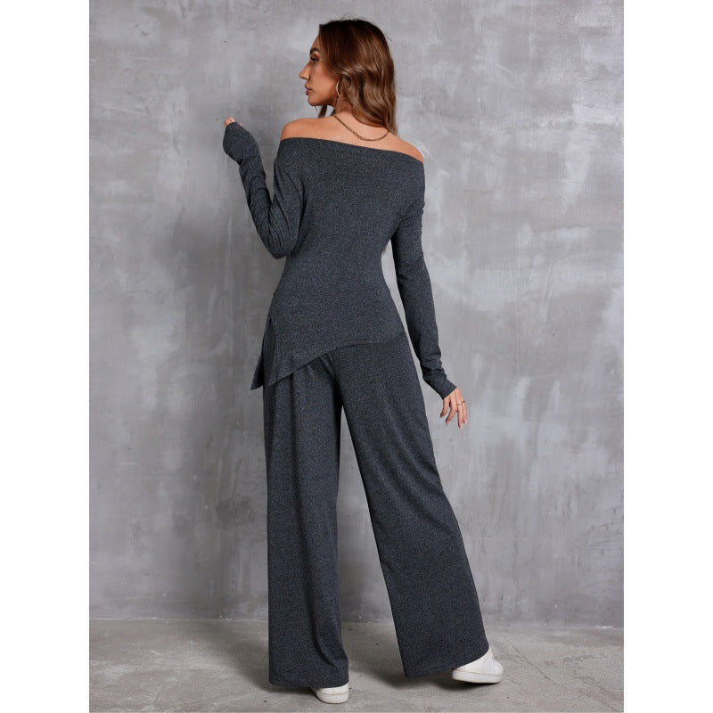 Long Sleeve T-shirt Elastic Waist Wide Leg Pants Two-piece Suit For Women