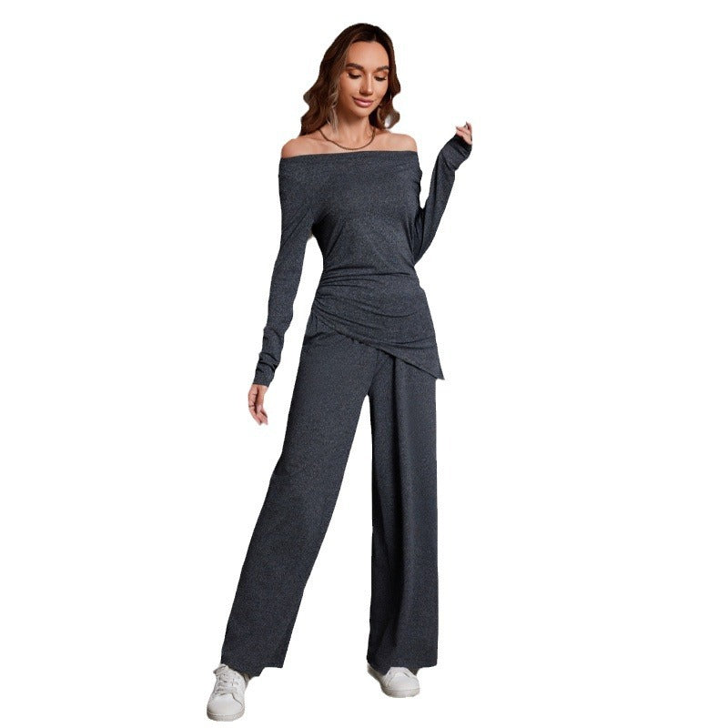 Long Sleeve T-shirt Elastic Waist Wide Leg Pants Two-piece Suit For Women