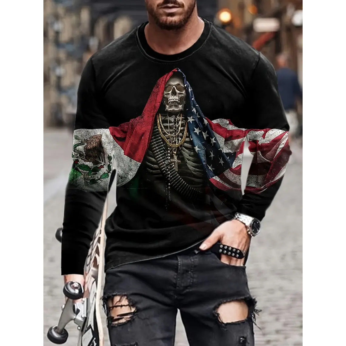 Retro Men's T-shirt 3D Printed Street Hip-hop Loose Crew Neck Casual Long Sleeve