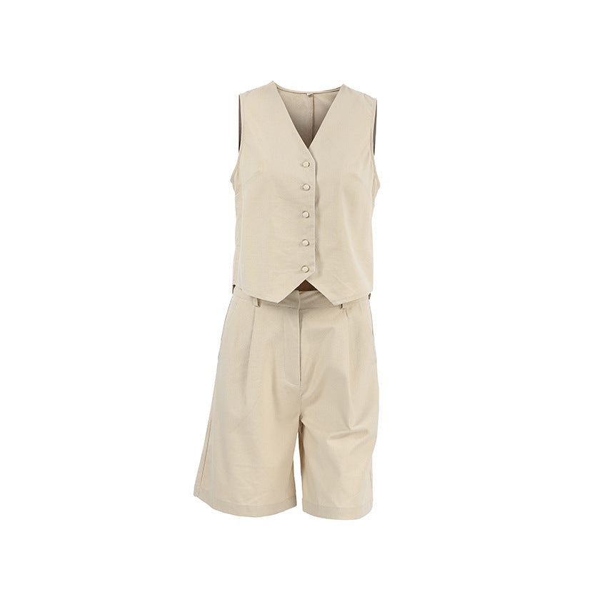 Cotton And Linen Vest Shorts Two-piece Set Loose