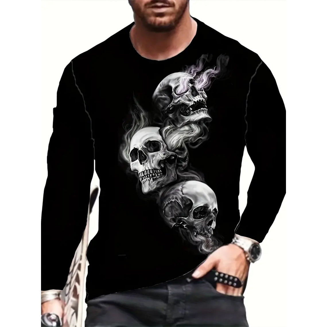 Retro Men's T-shirt 3D Printed Street Hip-hop Loose Crew Neck Casual Long Sleeve