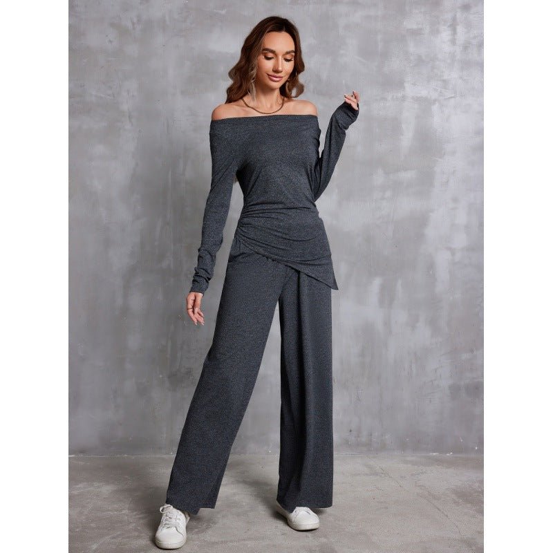 Long Sleeve T-shirt Elastic Waist Wide Leg Pants Two-piece Suit For Women