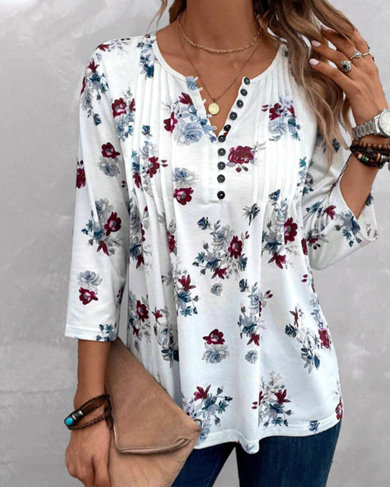 Casual Loose Spring Summer Women's Wear V-neck Printed Top For Women