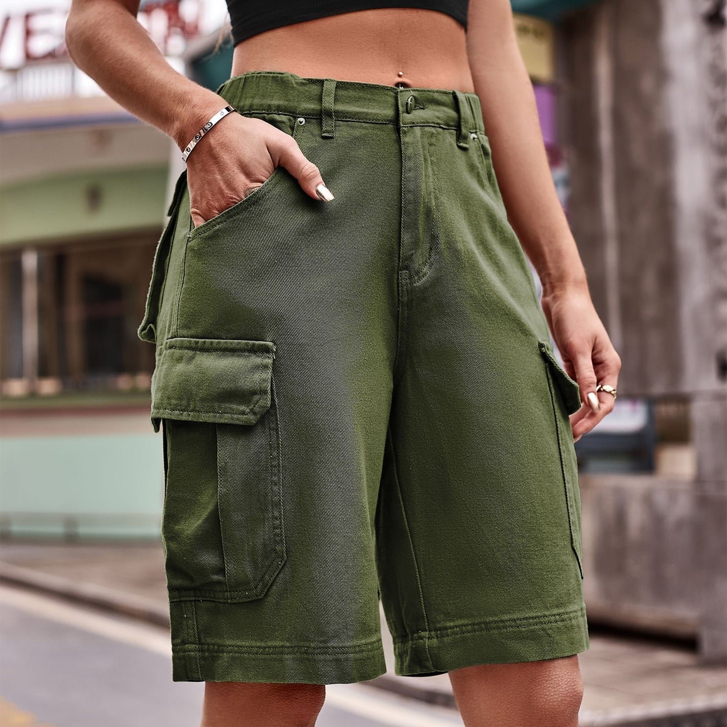 Summer Women's Elastic Waist Denim Cargo Pants Shorts