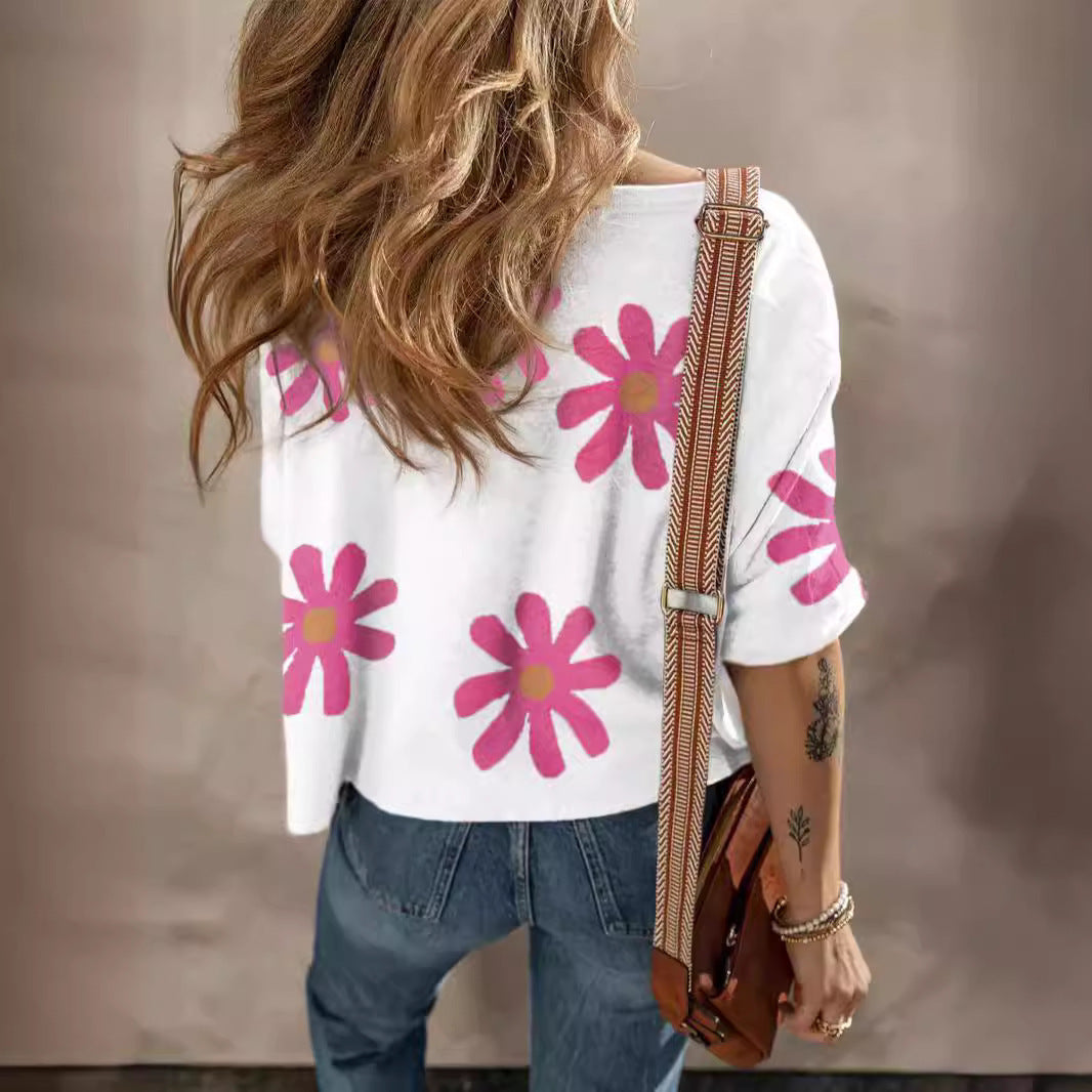 Female Chrysanthemum Printed Casual Short Sleeves