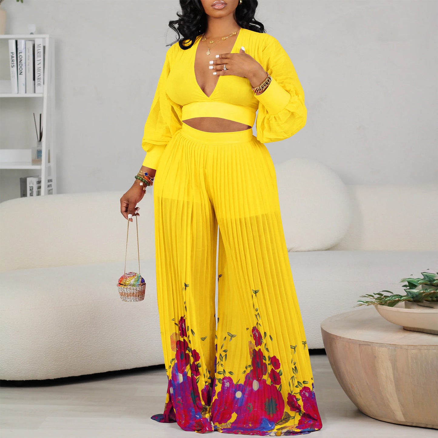 V-neck Chiffon Bishop Sleeves Top Pleated Wide-leg Pants Two-piece Set
