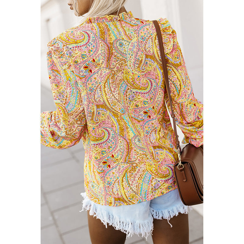 Women's Thin Bohemian Style Printed Ruffles V-neck Long Sleeve Shirt