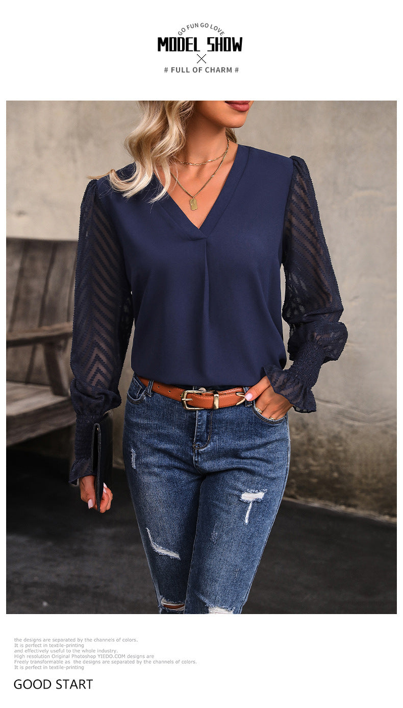 Outerwear Top Long Sleeve V-neck Solid Color Shirt