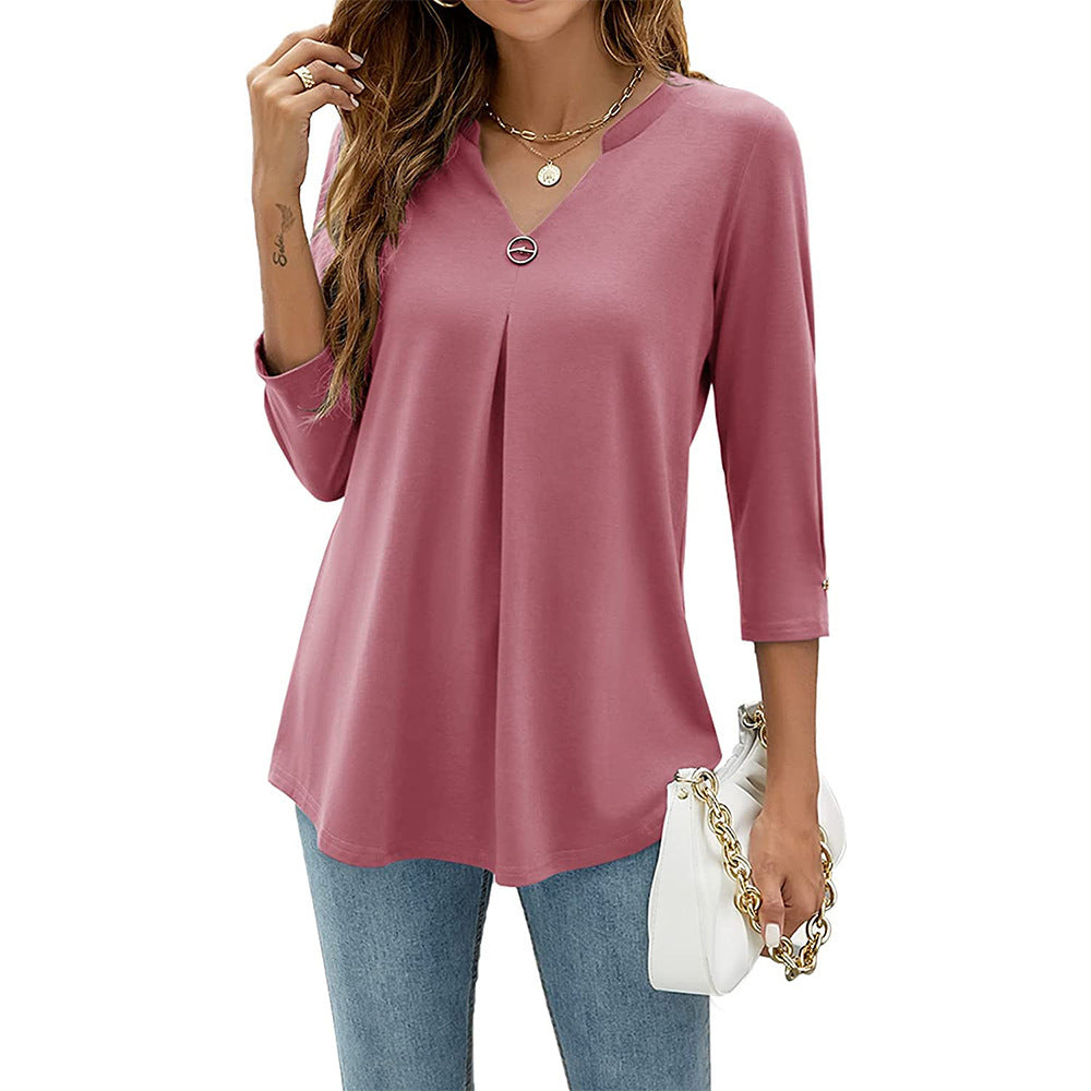 Women's V-neck Clinch Pleated T-shirt Top