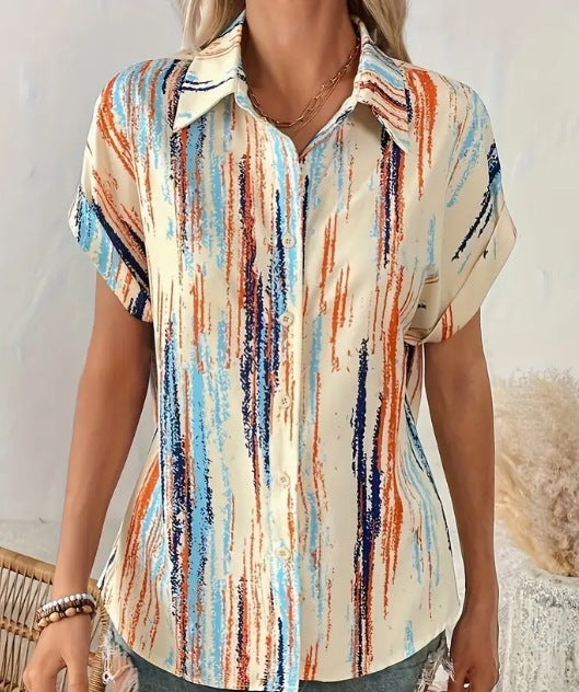 Striped Print Button Front Short Sleeved Shirt