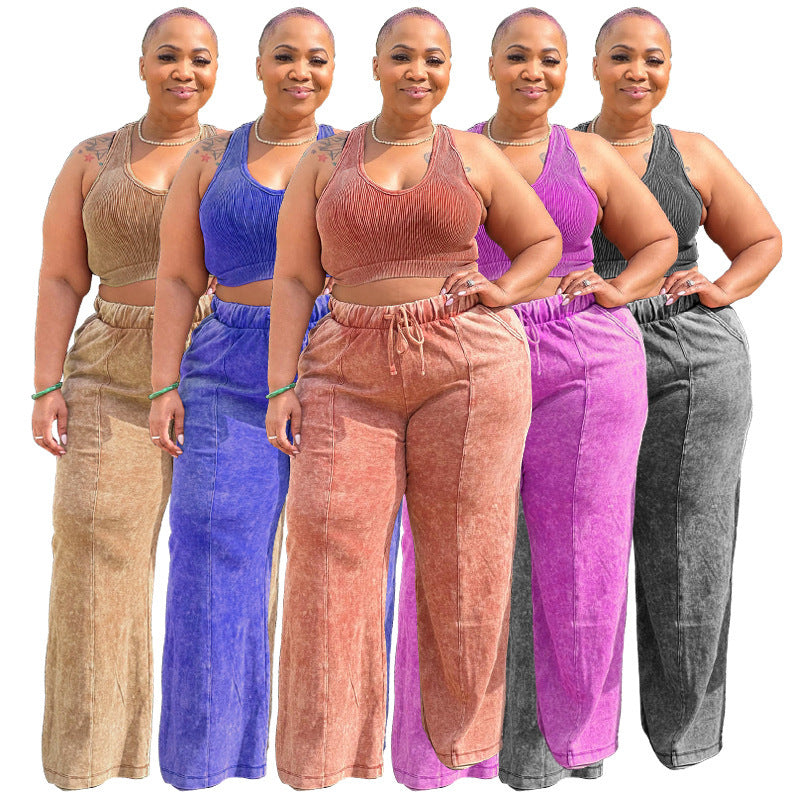 Women's Sleeveless Short Top Elastic Waist Wide Leg Pants Suit