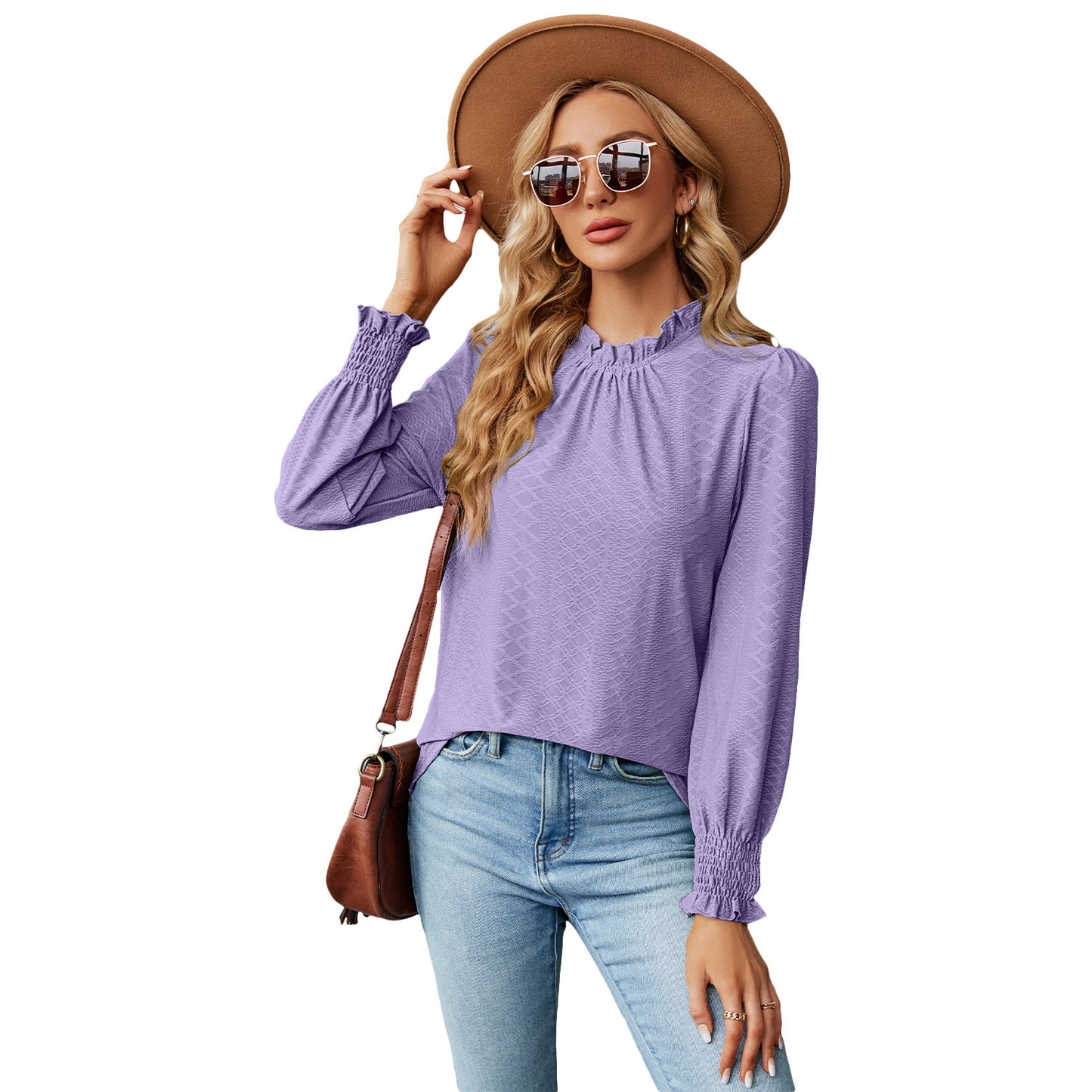 Women's Lace Collar Lantern Sleeve Loose Pleated T-shirt