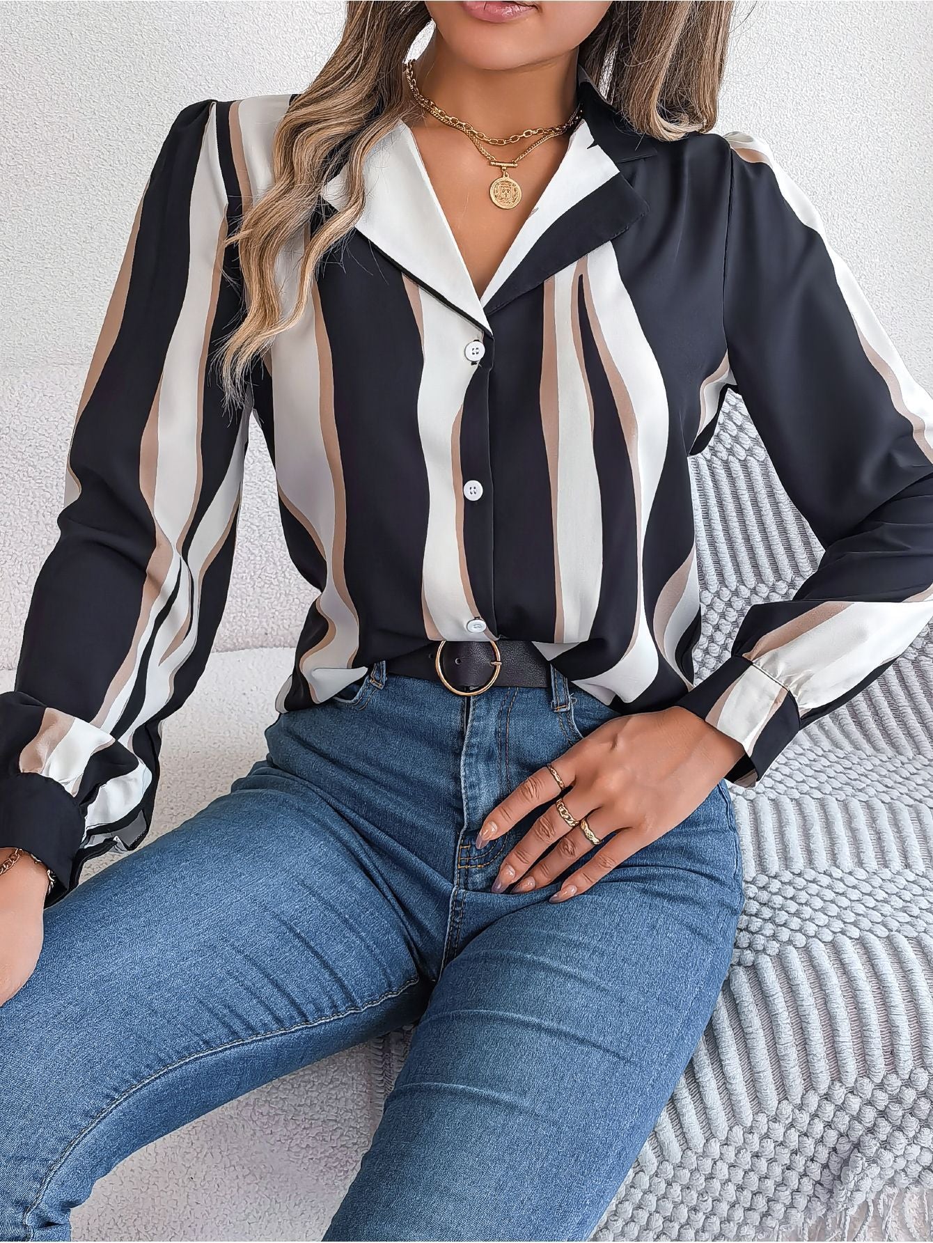 Casual Versatile Contrasting Striped Long Sleeved Shirt