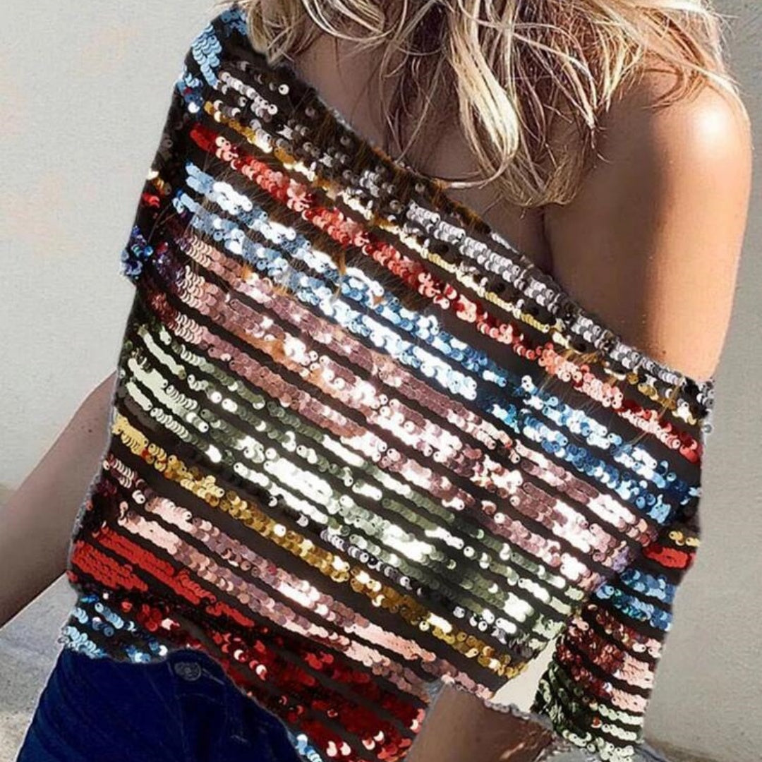 Lady Sexy Oblique Shoulder Color Sequined Top