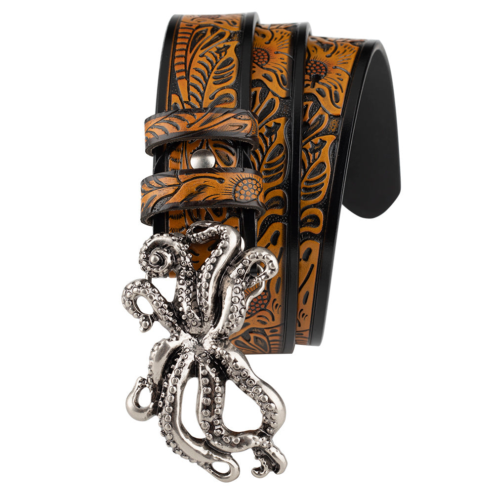 Animal Octopus Smooth Buckle Tang Grass Embossed Leisure Belt