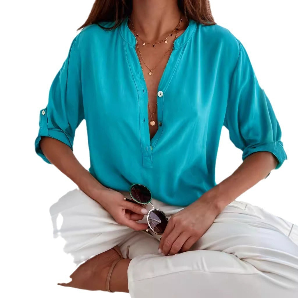 Stand Collar Loose Button Shirt Top For Women